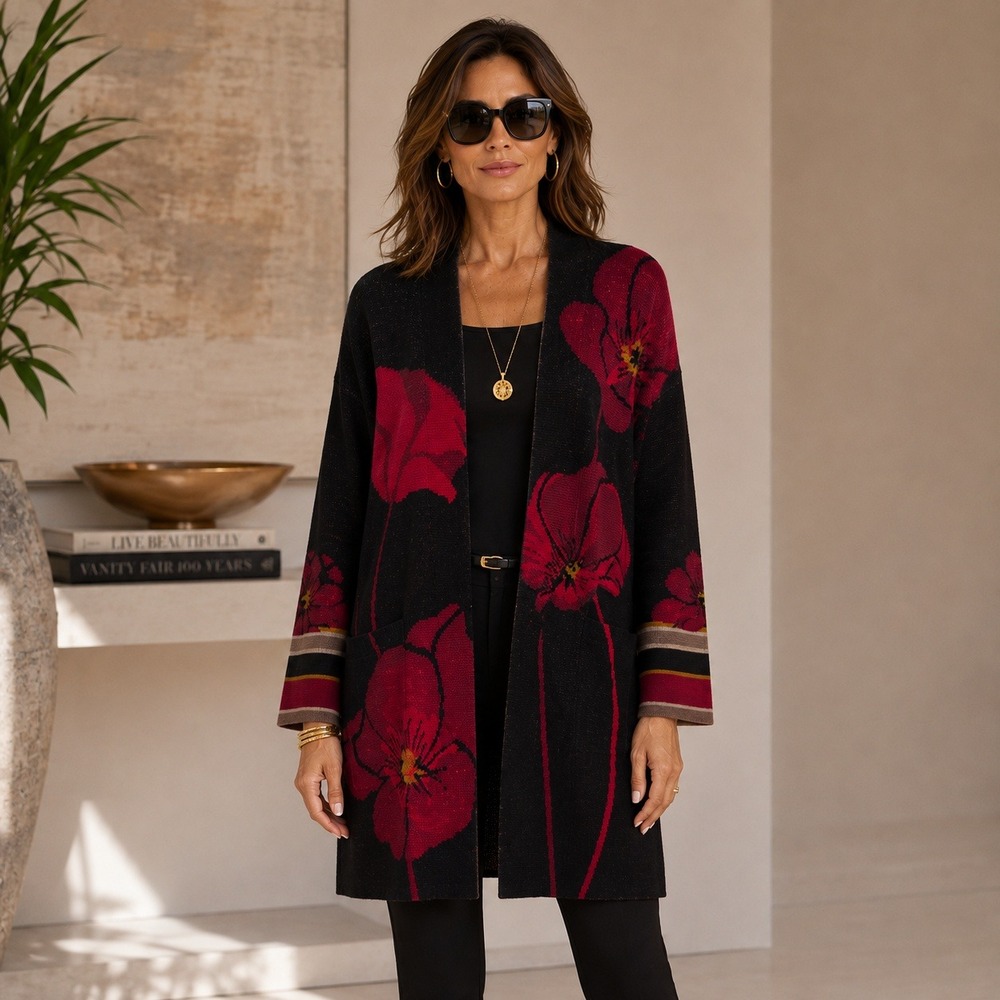 Maxsport Womens Black Red Poppy Floral Open Front Cardigan Sweater Wool Blend M